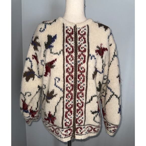 Vintage Icelandic Design 100% wool full-zip floral cardigan - size Small - Picture 1 of 11